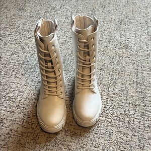 Pink Lily Cream Lace Up Combat Boots